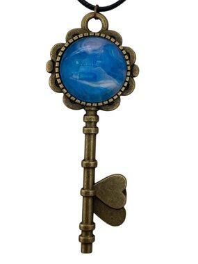 Hand Crafted Fluid Art Skeleton Key Necklace Pink Blue Pendant by Svetlana Yeung